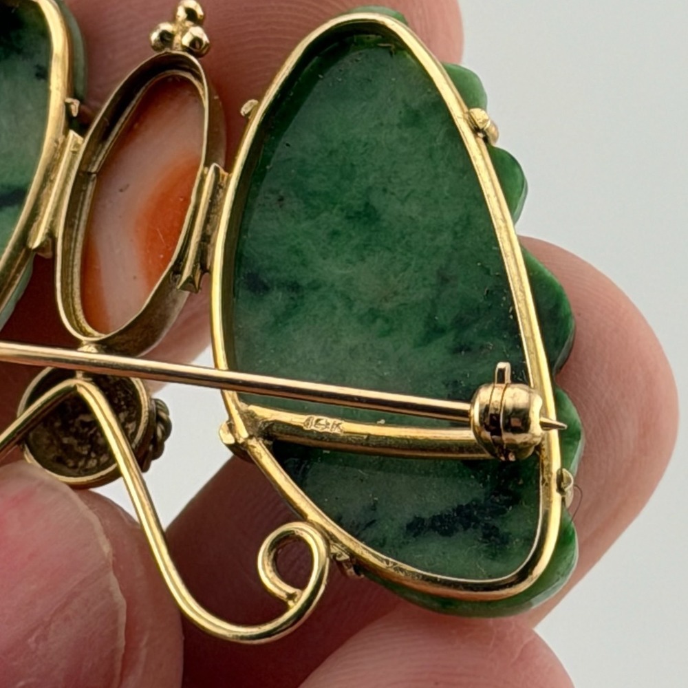 Vintage 18K Gold Moth Butterfly Brooch Carved Green Jade Coral Stone Turquoise - Picture 12 of 14